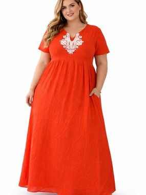 Young 17 Women's XXL Orange Maxi Dress - Embroidered Detail |